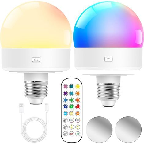Set of 2 USB-C Rechargeable E27 Bulbs with Remote Control, Dimmer, Timer, 15 Colors for Camping (1/5)