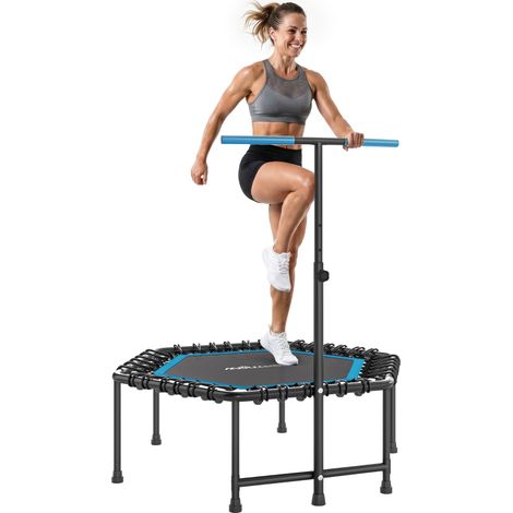 Trampoline de fitness silencieux 114 cm avec cordes élastiques et poignées réglables en 3 positions, exercice à domicile bleu (1/5)