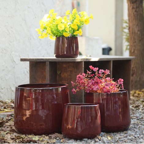 Lot de 4 pots de fleurs en céramique rouge brillant, Ø33/26/20/15 cm, avec drainage (1/5)