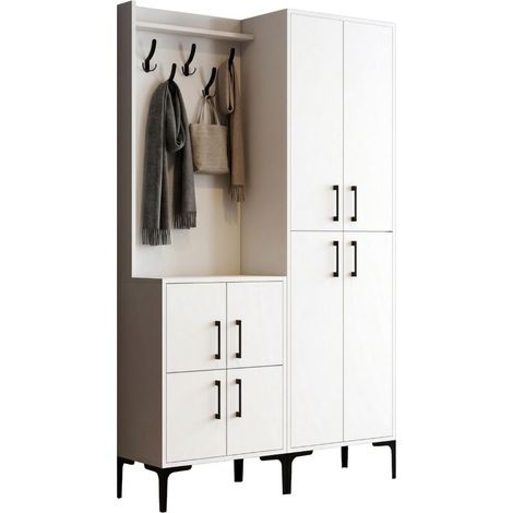 Mueble de Entrada Fondra, Perchero, 7 Estantes, Puerta Abatible, 120x35x200h cm Blanco