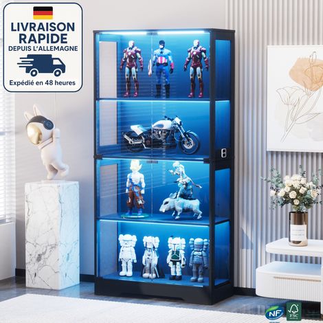 Vitrina de cristal con iluminación LED - Vitrina de 4 niveles y 4 puertas con cerradura, ideal para colecciones, figuras o para el salón - Negra (1/5)