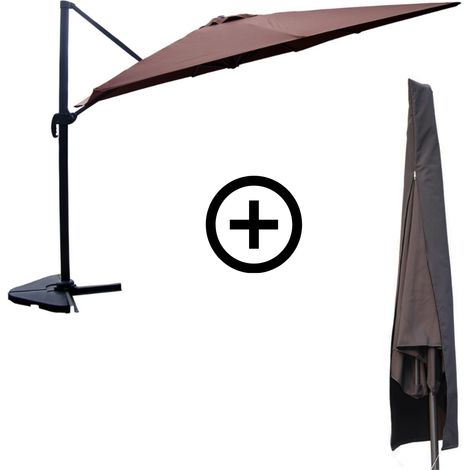 Paquete sombrilla rectangular 3x4m voladizo giratorio aluminio marrón + funda CESARE