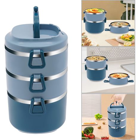 2.4L Boîte à lunch thermique 3 couches en acier inoxydable Récipient alimentaire Boîte à pain bleue (1/5)