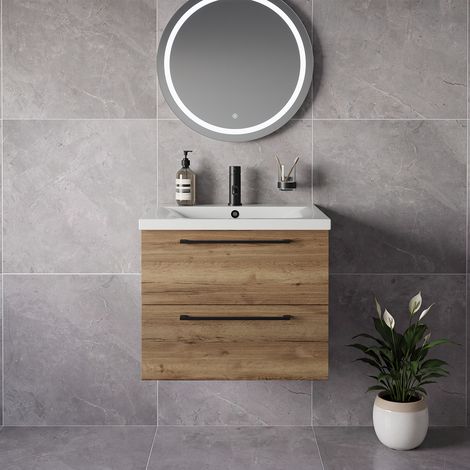 Napoli 460 Tobacco Oak 600mm Wall Mounted 2 Drawer Vanity Unit with Glide Basin - 600mm - Matt Black 320mm Handle