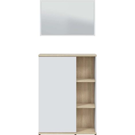 Meuble à chaussures Meuble d’entrée 1 porte avec miroir coloris Blanc/chêne - Longueur 77 x Profondeur 24 x Hauteur 106 cm (1/5)