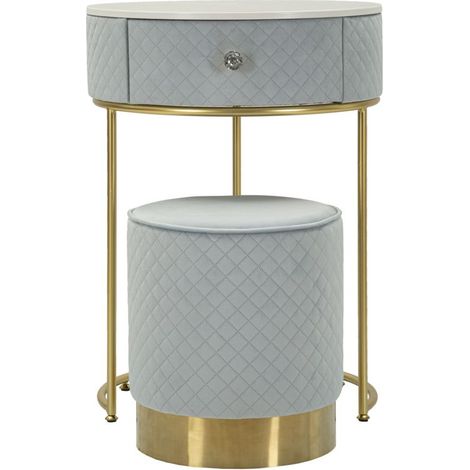 Comodino Toletta con Puff Vellit in Velluto Celeste e Metallo Dorato - Design Glam Chic e Funzionale per Camera e Beauty Area - 14288000CL
