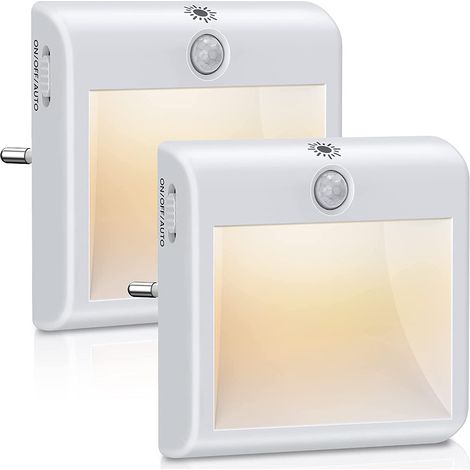 Lot de 2 douilles veilleuses, veilleuse avec détecteur de mouvement, contrôle tactile 15-100 %, intensité réglable, 3 modes (marche/auto/arrêt), veilleuse LED avec capteur crépusculaire pour chambres (1/5)