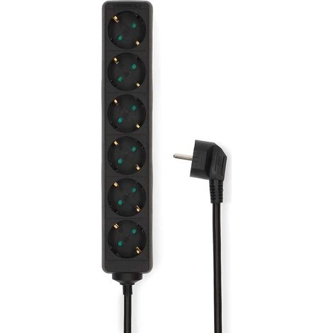Regleta de enchufes  Tipo F (CEE 7/7)  6 tomas  1,50 m  3680 W  16 A  Toma de tierra: Contactos laterales  230 V CA 50/60 Hz  Ángulo de la toma: 45°  H05VV-F 3G1,5 mm²  Negro
