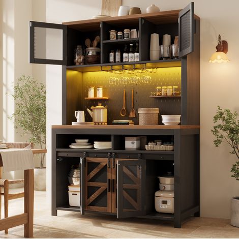 Buffet haut noir 120x40x174,5 cm, MDF et métal, LED, prise 16A et USB, portes coulissante et battante (1/5)