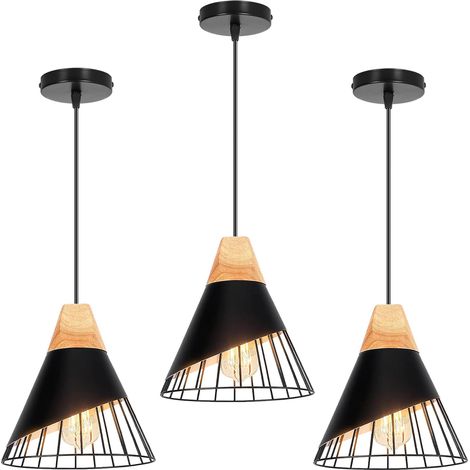 Set mit 3 industriellen Pendelleuchten – Holz und Metall – Vintage-Käfigdesign – Verstellbare Innenbeleuchtung – Für Küche, Wohnzimmer, Schlafzimmer (1/5)
