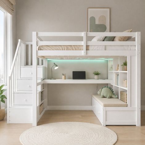 FLORAGRACE Letto a soppalco 140x200 cm in MDF bianco con scrivania, ripiani, 2 cassetti, scala contenitore e LED, bianco (1/5)