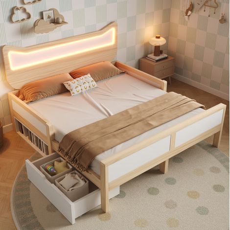 letto contenitore 140x200 LED con sponde bianco rovere HAVRYA (1/5)