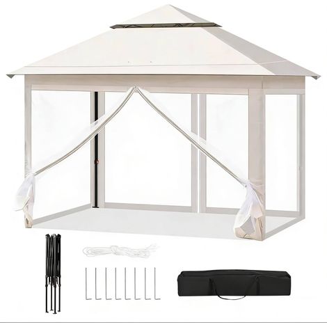 Gazebo plegable de exterior 3 x 3 m beige con mosquitera (1/4)