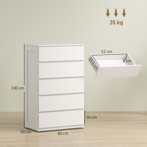 Commode en bois à 5 tiroirs avec poignées cannelées, 60 x 38 x 100 cm, blanche (1/5)