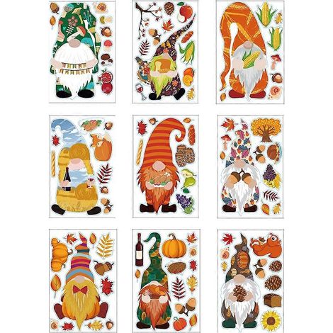 9 Blatt Herbst-Gnome Fensteraufkleber, Herbst-Gnome Glas-Wandaufkleber, Geschenk zum Erntedankfest, Festtagsdekoration, Partydekoration, Heimdekoration