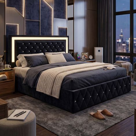 Creahappy Lit Coffre 160x200 cm avec Rangement Hydraulique - Gain de Place - Tissu Velours Capitonne avec LED et Sommier - Noir (1/5)