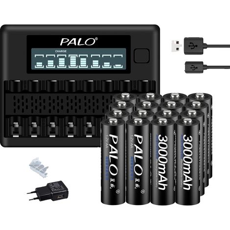 Batteries rechargeables AA Ni-MH 1,2V, capacité 3000mAh, technologie NI-MH, 16 AA et 1 chargeur (1/2)