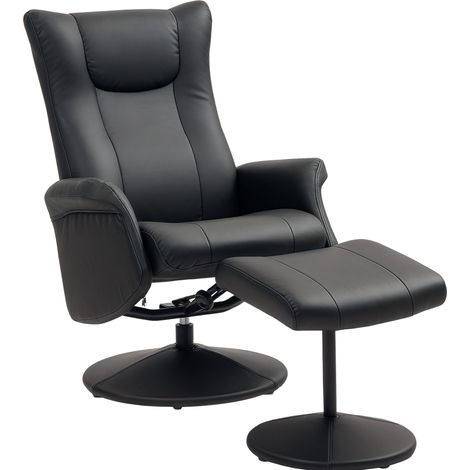 Fauteuil relax pivotant 360° avec repose-pieds, dossier inclinable 130°, cuir régénéré noir, fauteuil TV avec tabouret assorti pour salon – CHICFURN (1/5)