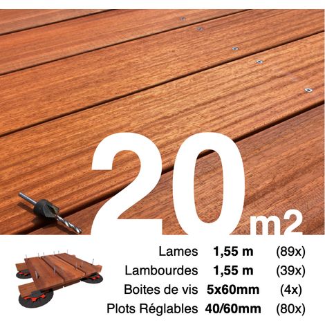 Kit complet terrasse bois exotique PADOUK pour 20 m² • Lames 1,55 m, lambourdes 1,55 m, plots réglables et visserie Inox • Livraison gratuite (1/4)