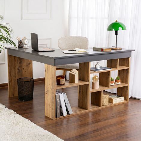 Bureau d'angle avec étagères 130x120x71,8 cm décor bois et gris (1/5)