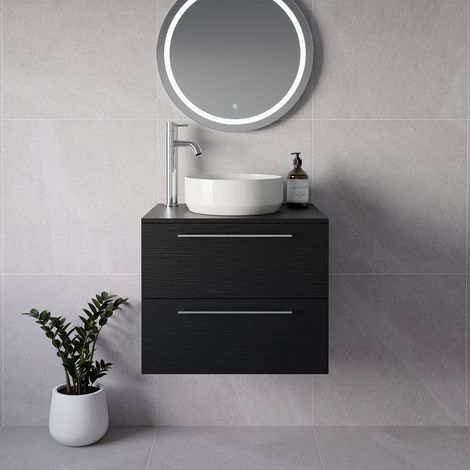 Napoli 460 Nero Oak 600mm Wall Mounted 2 Drawer Vanity Unit for Countertop Basins - 600mm - Chrome 320mm Handle