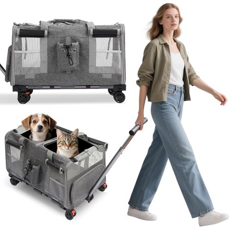 Caisse de Transport pour 2 Chat avec Roulette,Respirant Sac de Transport pour Chats,Sac de Transport pour Animaux de Compagnie avec Laisse de Sécurité,Voyage en Voiture, Camping,Gris (1/5)