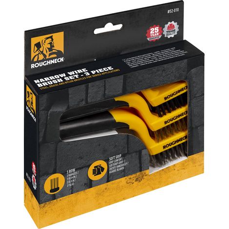 Roughneck 52010 - Set di spazzolini metallici con setole in nylon, acciaio inox e ottone, impugnatura morbida, ideale per pulire piccole superfici, 3 pezzi