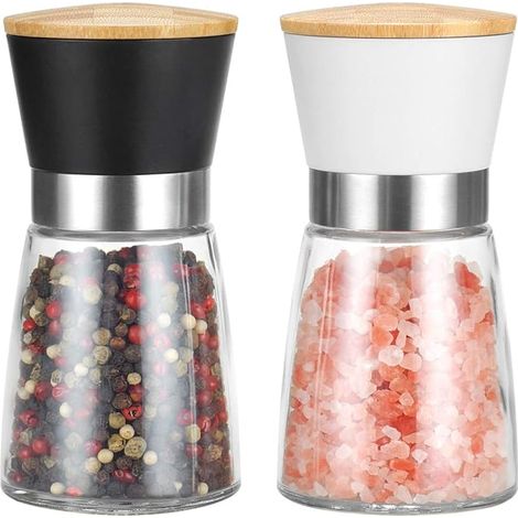 Set di 2 macina sale e pepe con anima in ceramica alla cannella, grana regolabile, bianco e nero, bambù, anniversario di cucina casalinga