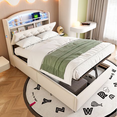 Letto bambini 90x200 cm beige in flanella con LED, USB e vano contenitore (1/5)