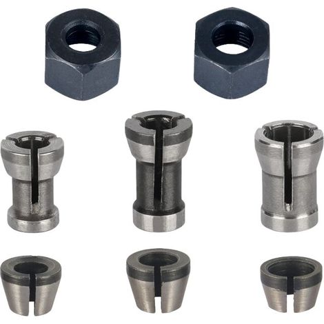 Milling chuck – set of 8, flush chuck collet (6 mm, 6.35 mm, 8 mm), router collet, collet adapter