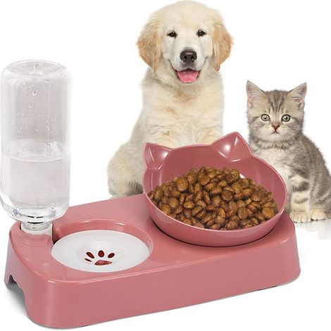 2 en 1 Gamelles pour Chat, Chat Gamelle avec Automatique Distribut Eau, Double Bol Mangeoirs Gamelle pour Chat Chien avec Support, Inclinable 15°, Gamelles pour Chat et Petit Chien (1/5)