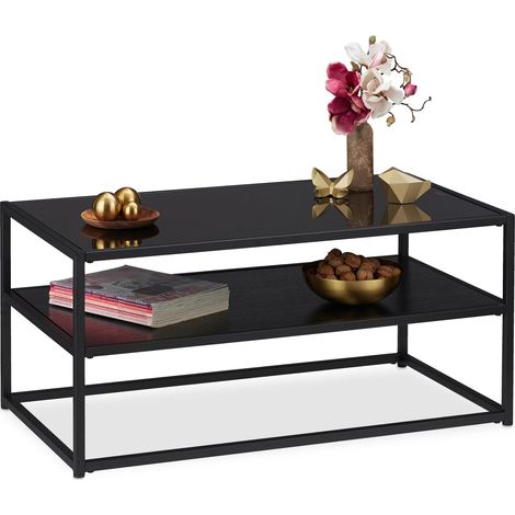 Relaxdays Couchtisch Glas, 2 Ablagen, Metall & Glasplatte, Sofatisch für Wohnzimmer, HxBxT: ca. 42 x 90 x 50 cm, schwarz