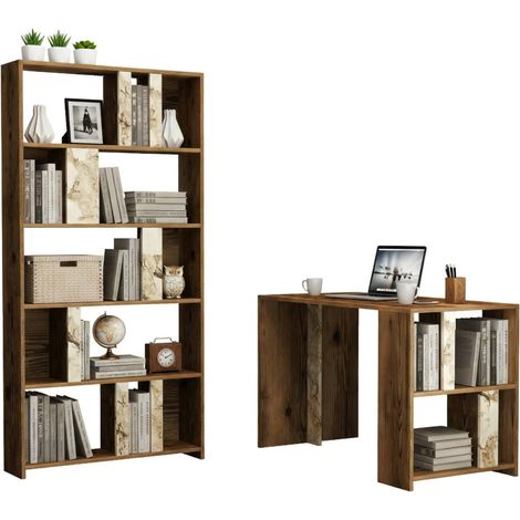 Bureau Mirach, Pupitre polyvalent, Table de bureau pour PC, Plan de travail, 120x60h75 cm, Noyer et Marbre Blanc (1/5)