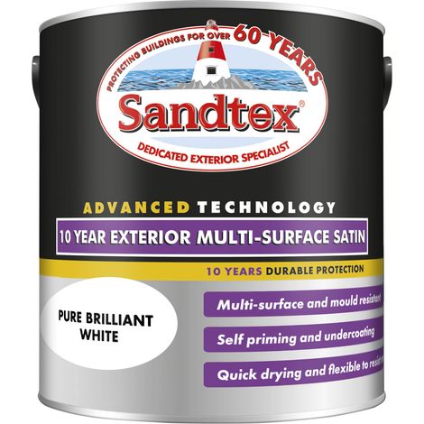 Sandtex 10 Year Exterior Multi Surface Satin - Brilliant White - 2.5L