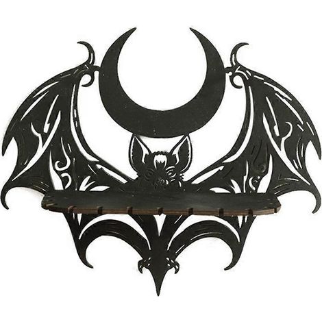 Étagère murale en bois noir à motif gothique chauve-souris et lune ajourée (1/5)