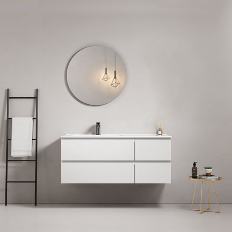 Mobile bagno sospeso 120 cm Bianco Lavabo a Sinistra in Ceramica Specchio Tondo - Fiji Paint (1/4)