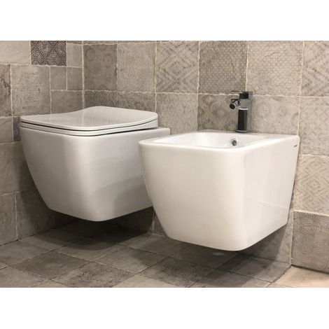 Coppia Sanitari Sospesi Rimless senza brida linea squadrata dimensioni ridotte coprivaso soft-close