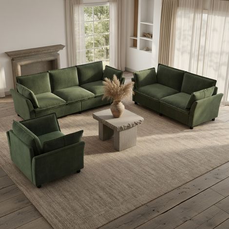 Ensemble de canapés en velours chenille : canapé 3 places + canapé 2 places + fauteuil, avec coussins, vert (1/5)