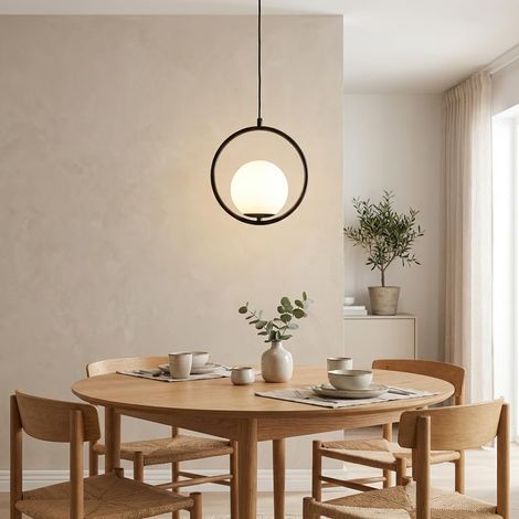 Plafonnier avec Abat-Jour Boule en Verre Opaque Moderne et Élégant avec Support Noir et Douille E27 pour Chambre Salon Salle à Manger (1/5)