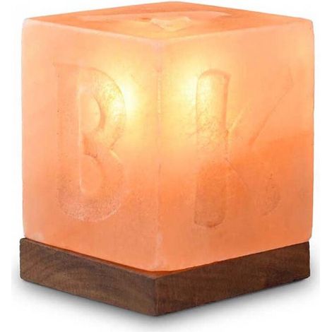 Lampe de Sel en Cristal Forme Cube avec Socle en Bois Décoration Orange 10 x 10 x 12 cm - PANGIVO
