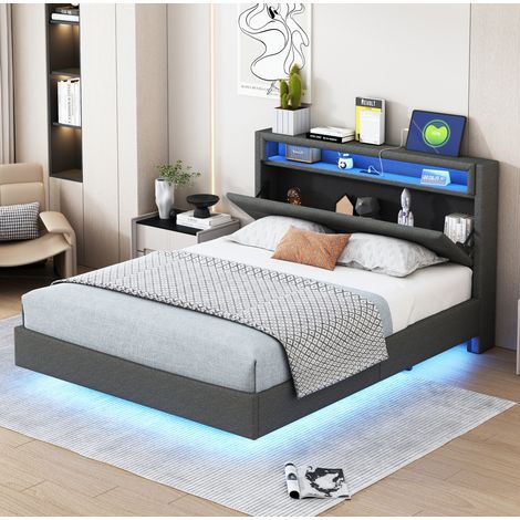 Cama tapizada 140x200 cm gris, tejido con LED y cabecero con almacenaje (1/5)