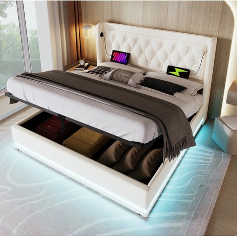 Polsterbett mit Stauraum LED USB Typ-C 180x200 Weiß OKMYHOME (1/5)
