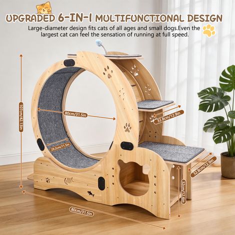 Roue d'entraînement 6-en-1 pour chat, tapis roulant intérieur silencieux, grande roue de course pour félins, mobilier ludique et jouet d'exercice, marcheur compact pour chats. (1/5)