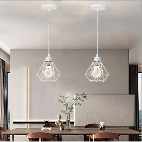 kawoo Lot de 2 Lustre Retro en Cage,Lampe Suspension Industrielle Vintage en Metal Style Edison pour Salon Chambre,Blanc,ø16cm (1/4)