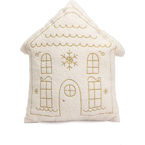 Coussin Décoratif Maison En Pain D'Épices - Motif Noël Flocon De Neige - Fourrure Synthétique Et Sherpa - Beige - 40 x 45 cm (1/5)