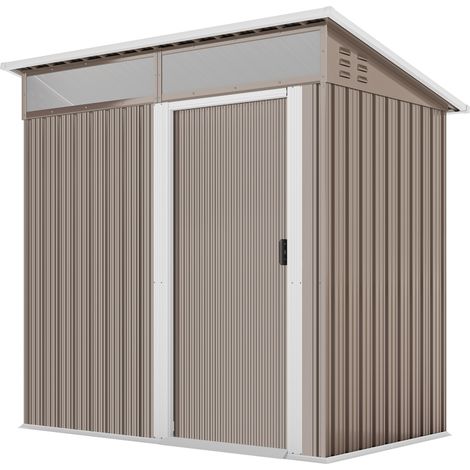 Caseta metálica jardín 195x122x159/182 cm marrón puerta corredera ventanas ventilación