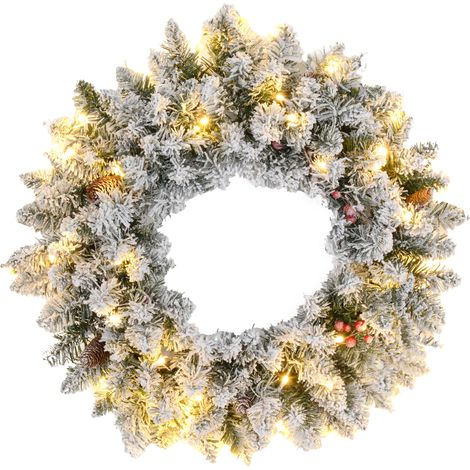 HOMCOM 60cm Flocked Christmas Wreath with Lights Pine Cones Berries Green (1/5)