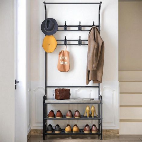 Vestiaire d’Entrée 4-en-1 avec Banc à Chaussures, Tringle et 8 Crochets Gris (1/5)
