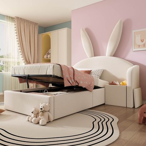Lit enfant capitonné 90x190 cm avec table de chevet et rangement hydraulique tête de lit oreilles de lapin Velours Beige (1/5)