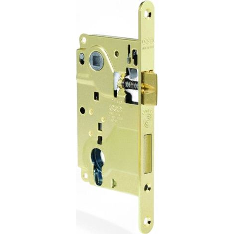 serratura per porte interne a filo o battente con foro cilindro quadro maniglia mm8 interasse mm85 bordo tondo ottonato (1/3)